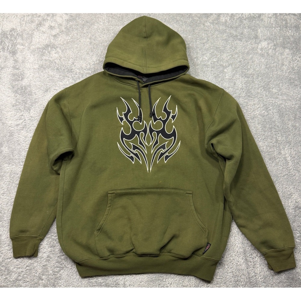 Vintage Y2K Sapphire Lounge Mens L Green Tribal Flames Jnco Hoodie Embroidered